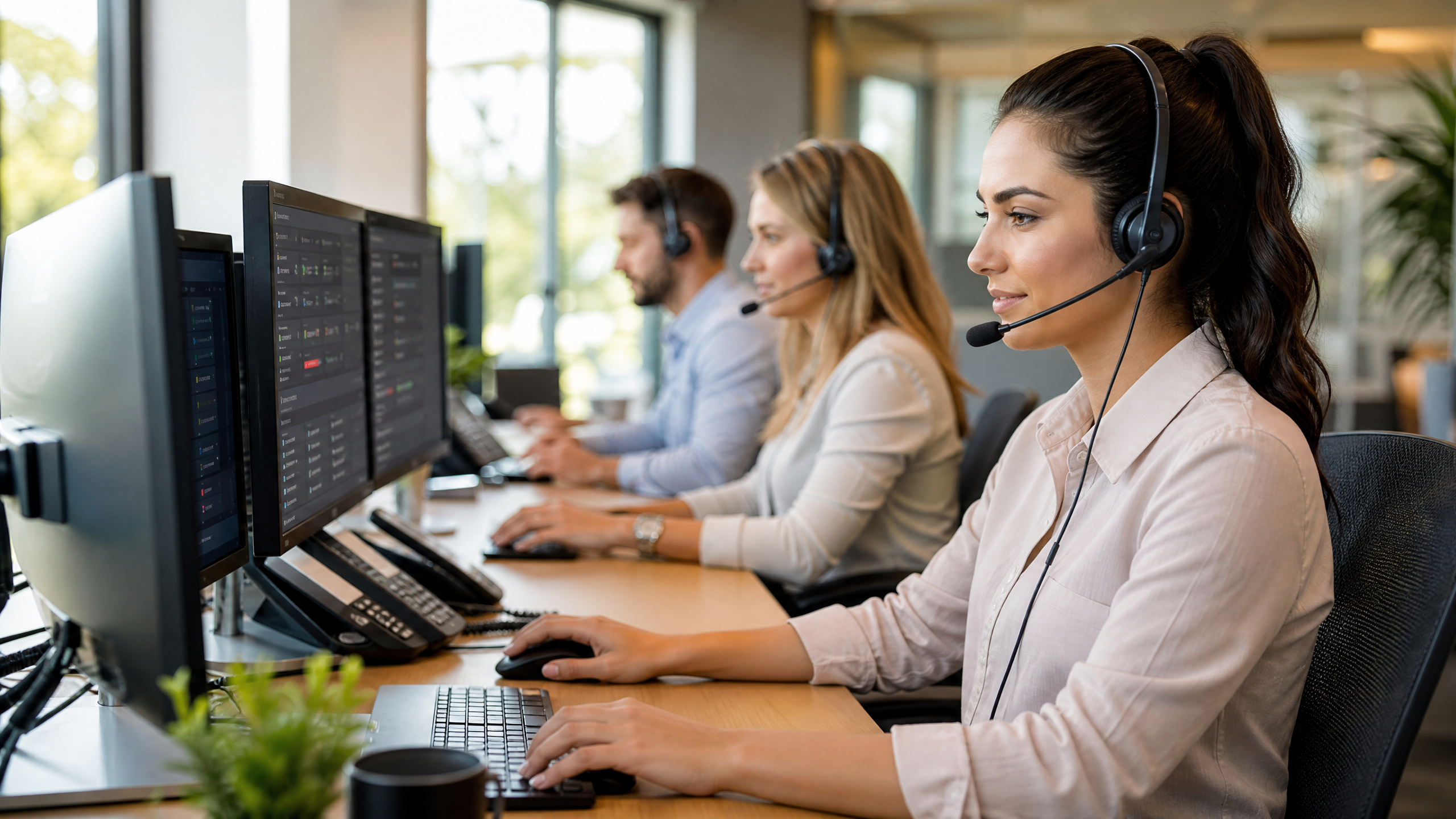Small business customer service team wearing headsets working at modern computers
