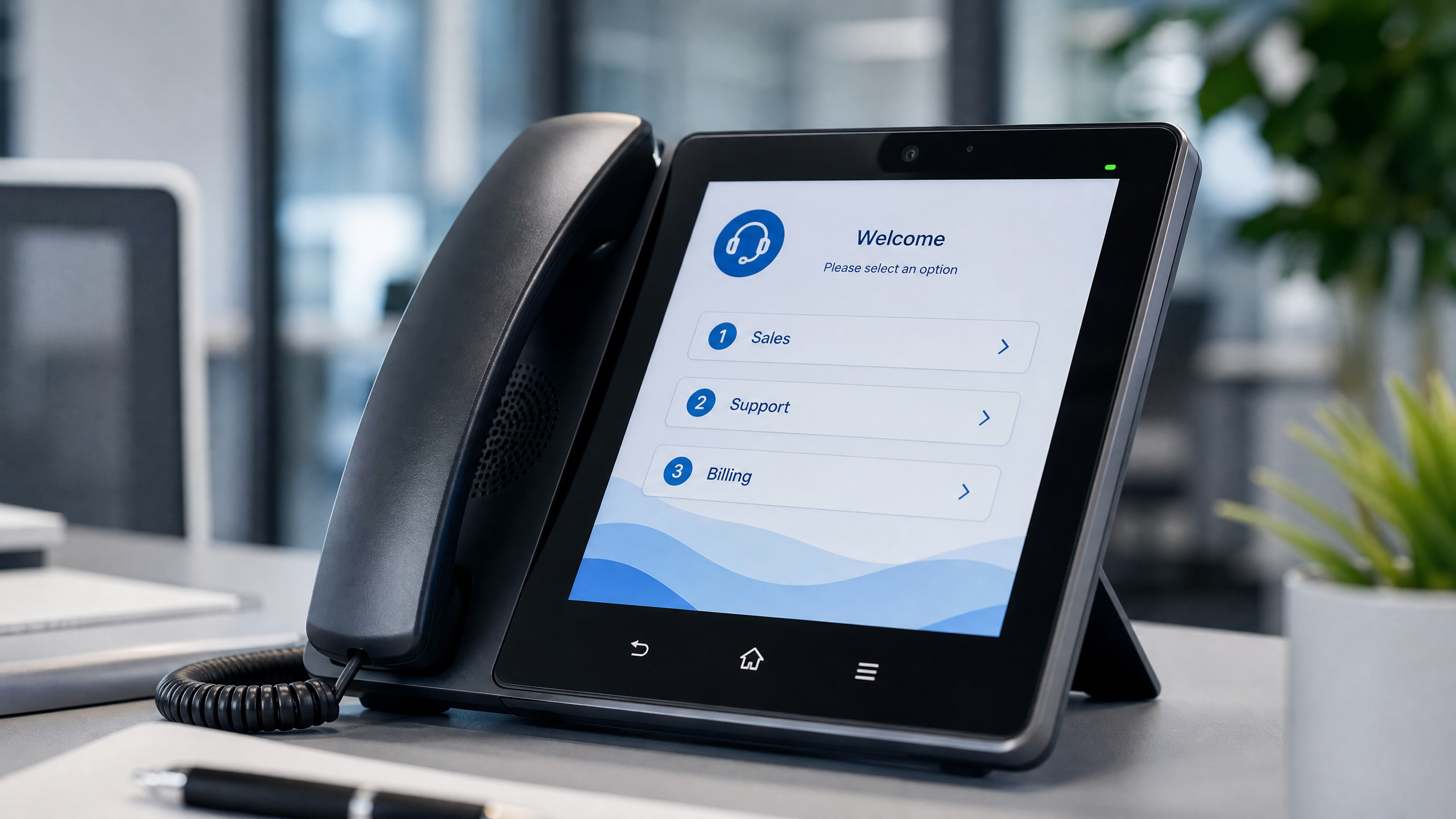 Modern VoIP phone touchscreen showing a clean IVR menu with Sales, Support, and Billing options
