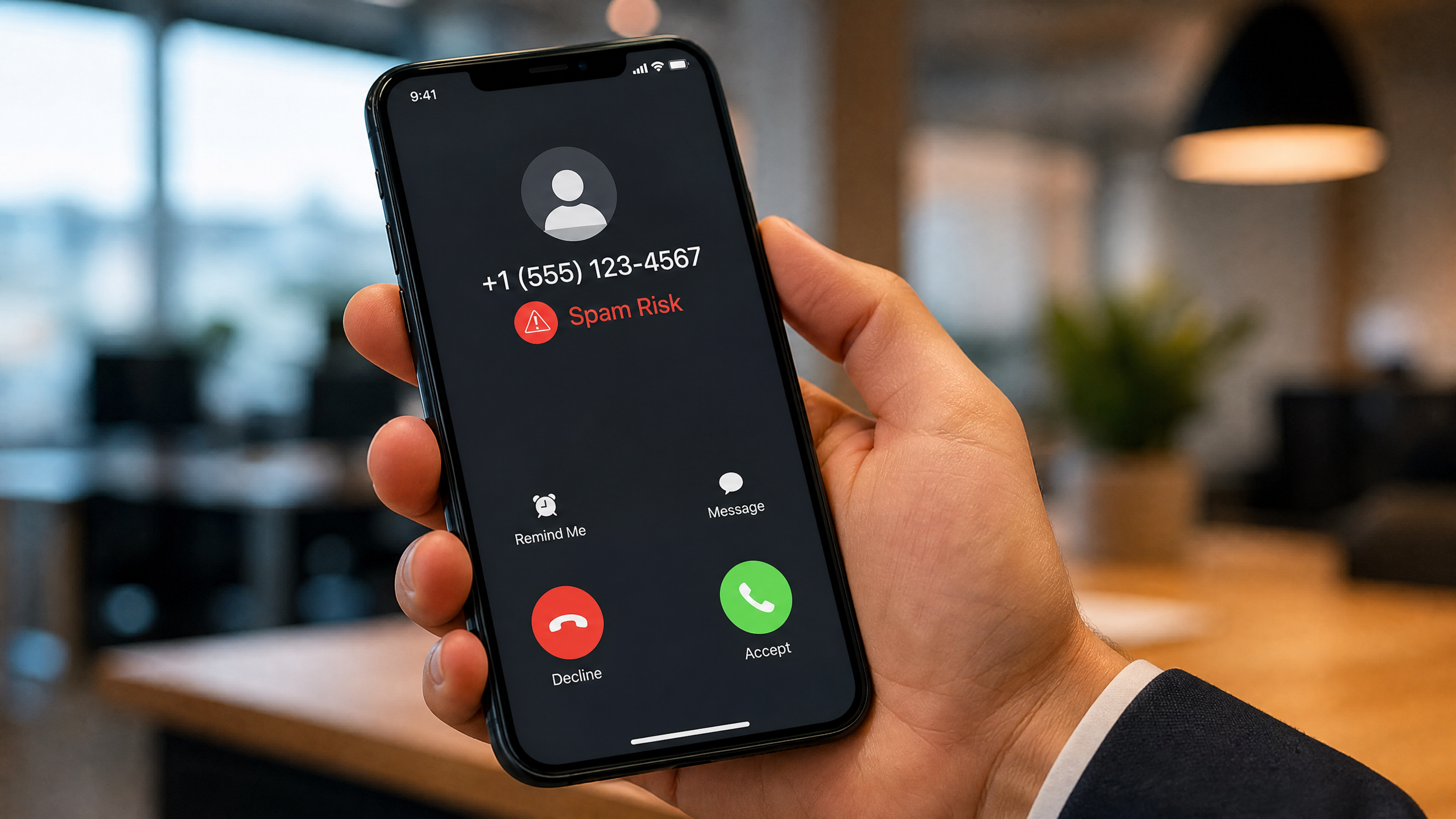 Smartphone showing a Spam Risk warning label on an incoming business call